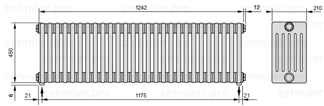 Схема (чертеж) Радиатор Zehnder Charleston 6045/27 №3570 Белый глянцевый RAL 9016